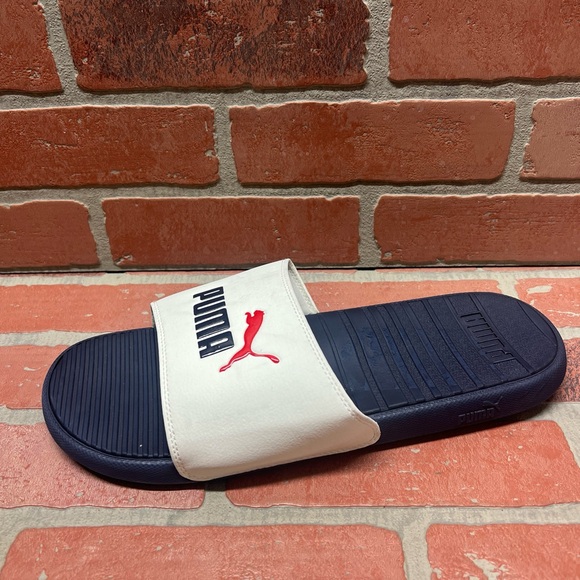 PUMA ‘Cool Cat 2.0’ Navy/White/Red Logo Slide Sandals Men’s Size 13 - Picture 2 of 8